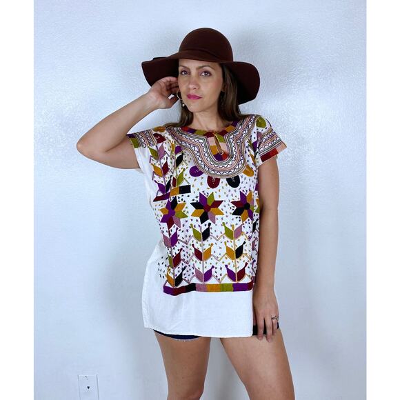 vintage 70s Cream EMBROIDERED STAR Mexican TOP os earth tone boho hippie Oaxacan - Picture 7 of 10